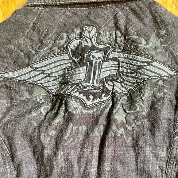 DEEP GREY PLAID HARLEY DAVIDSON COLLAR BUTTON UP WITH LONG SLEEVES - Picture 3 of 9